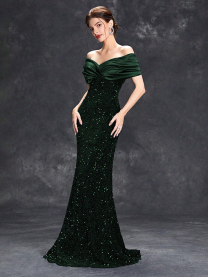 Sequin Patchwork Off Shoulder Formal Dress, Mermaid Style Elegant Evening Gown, Suitable For Weddings, Graduations, Galas And Other Formal Occasions