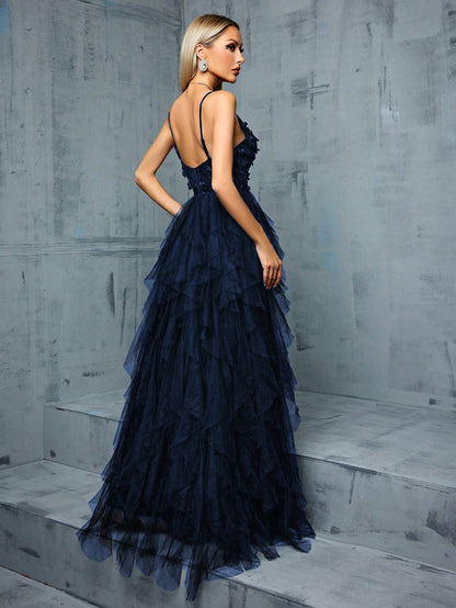 Elegant Summer Dusty Blue Tulle Maxi Gown,3D Floral Spaghetti Strap V-Neck Ruffle Slit Evening Prom Wedding Bridesmaid Cocktail Formal Party