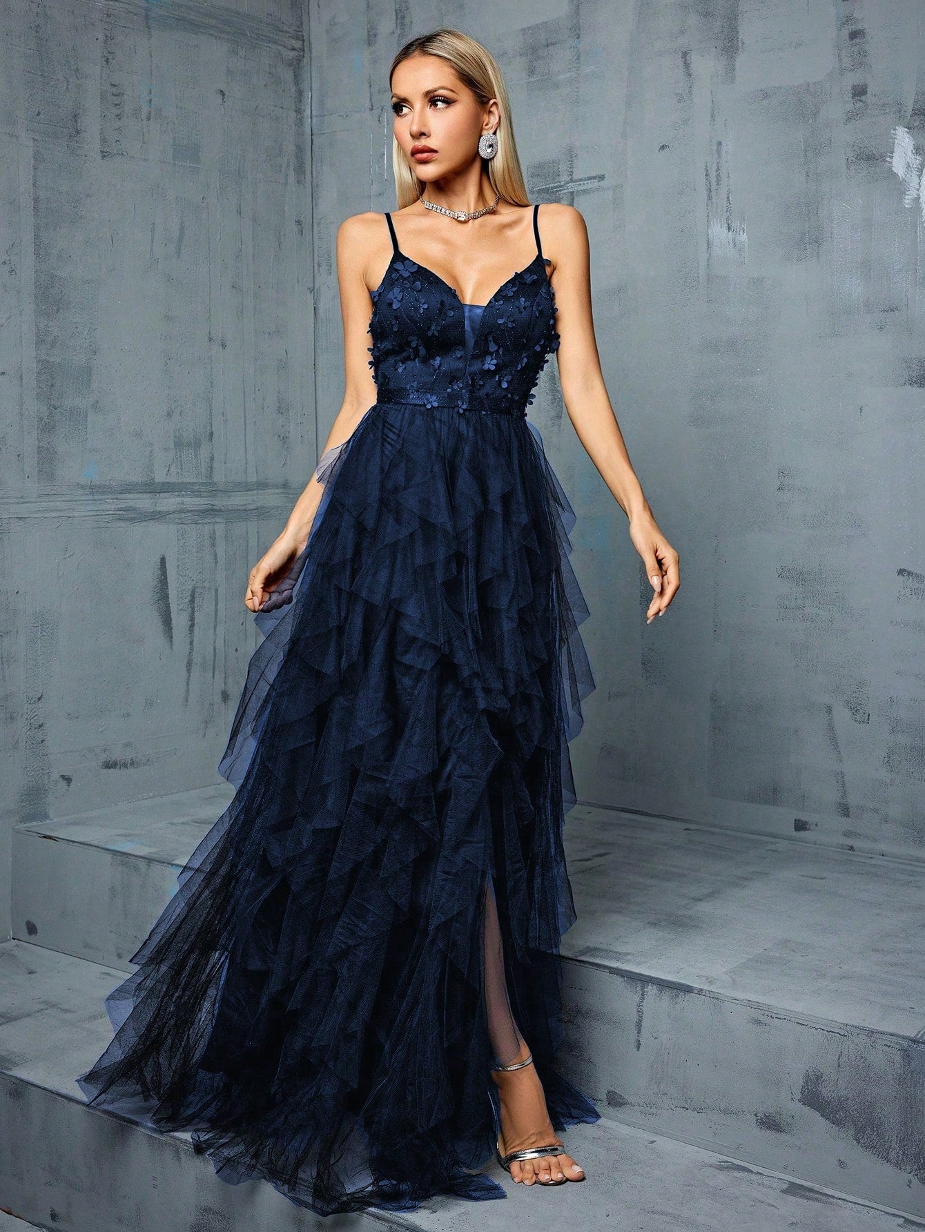 Elegant Summer Dusty Blue Tulle Maxi Gown,3D Floral Spaghetti Strap V-Neck Ruffle Slit Evening Prom Wedding Bridesmaid Cocktail Formal Party