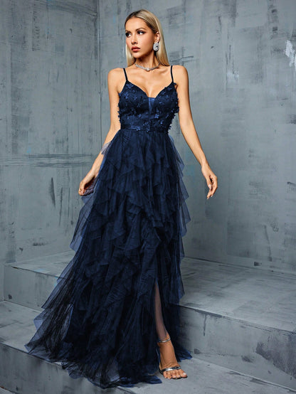 Elegant Summer Dusty Blue Tulle Maxi Gown,3D Floral Spaghetti Strap V-Neck Ruffle Slit Evening Prom Wedding Bridesmaid Cocktail Formal Party