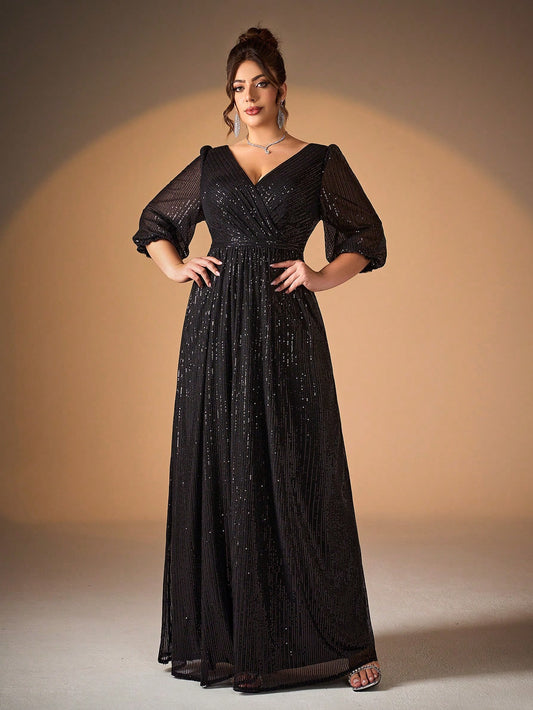 Plus Size Women's Solid Color V-Neck Long Sleeve A-Line Pleated Skirt With Sequins Formal Evening Gown Wedding