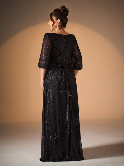 Plus Size Women's Solid Color V-Neck Long Sleeve A-Line Pleated Skirt With Sequins Formal Evening Gown Wedding