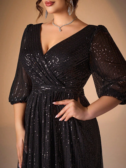 Plus Size Women's Solid Color V-Neck Long Sleeve A-Line Pleated Skirt With Sequins Formal Evening Gown Wedding