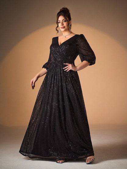 Plus Size Women's Solid Color V-Neck Long Sleeve A-Line Pleated Skirt With Sequins Formal Evening Gown Wedding