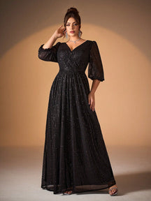 Plus Size Women's Solid Color V-Neck Long Sleeve A-Line Pleated Skirt With Sequins Formal Evening Gown Wedding