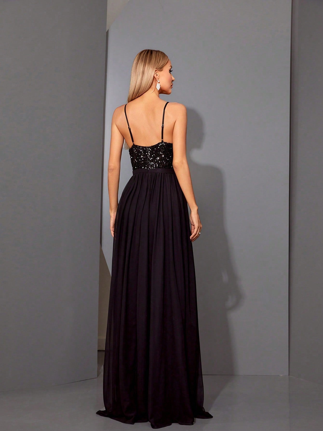 Women's Elegant Sequin Chiffon Spaghetti Strap V-Neck Slit A-Line Dress Party Wedding
