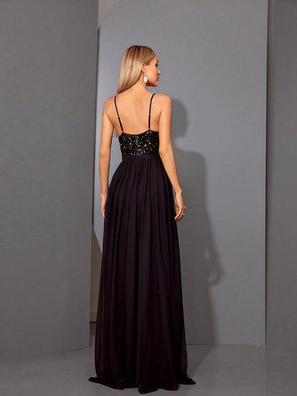 Women's Elegant Sequin Chiffon Spaghetti Strap V-Neck Slit A-Line Dress Party Wedding