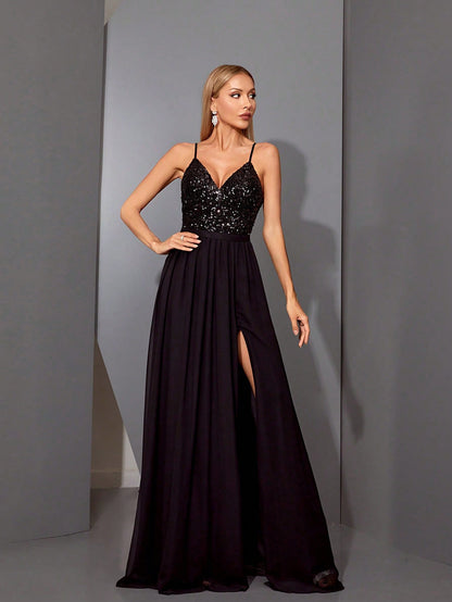 Women's Elegant Sequin Chiffon Spaghetti Strap V-Neck Slit A-Line Dress Party Wedding