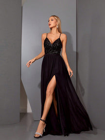 Women's Elegant Sequin Chiffon Spaghetti Strap V-Neck Slit A-Line Dress Party Wedding