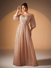Plus Size Women's Solid Color V-Neck Long Sleeve A-Line Pleated Skirt With Sequins Formal Evening Gown Wedding