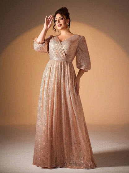 Plus Size Women's Solid Color V-Neck Long Sleeve A-Line Pleated Skirt With Sequins Formal Evening Gown Wedding