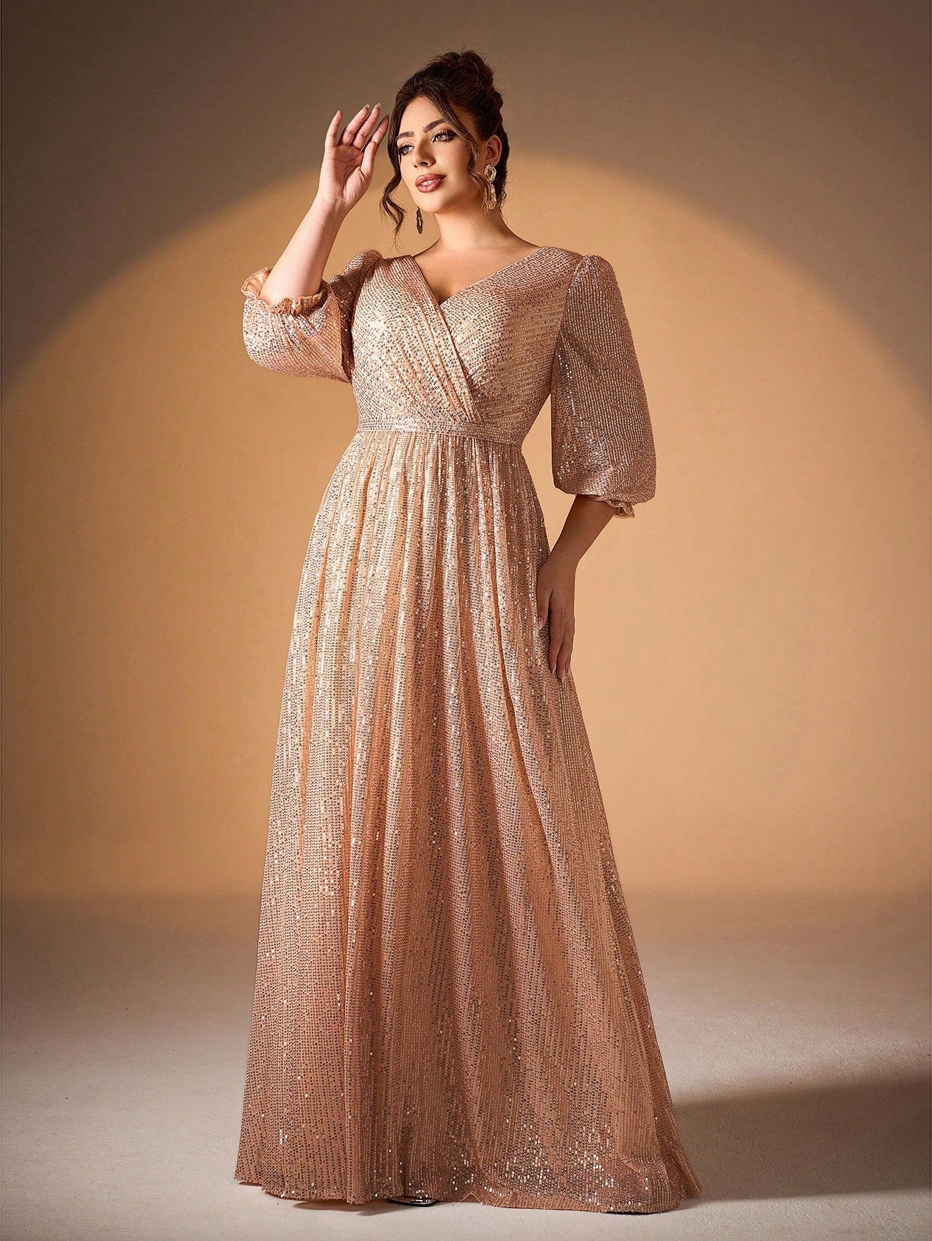Plus Size Women Solid Color V-Neck Long Sleeve A-Line Pleated Dress With Sequins Formal Evening Gown