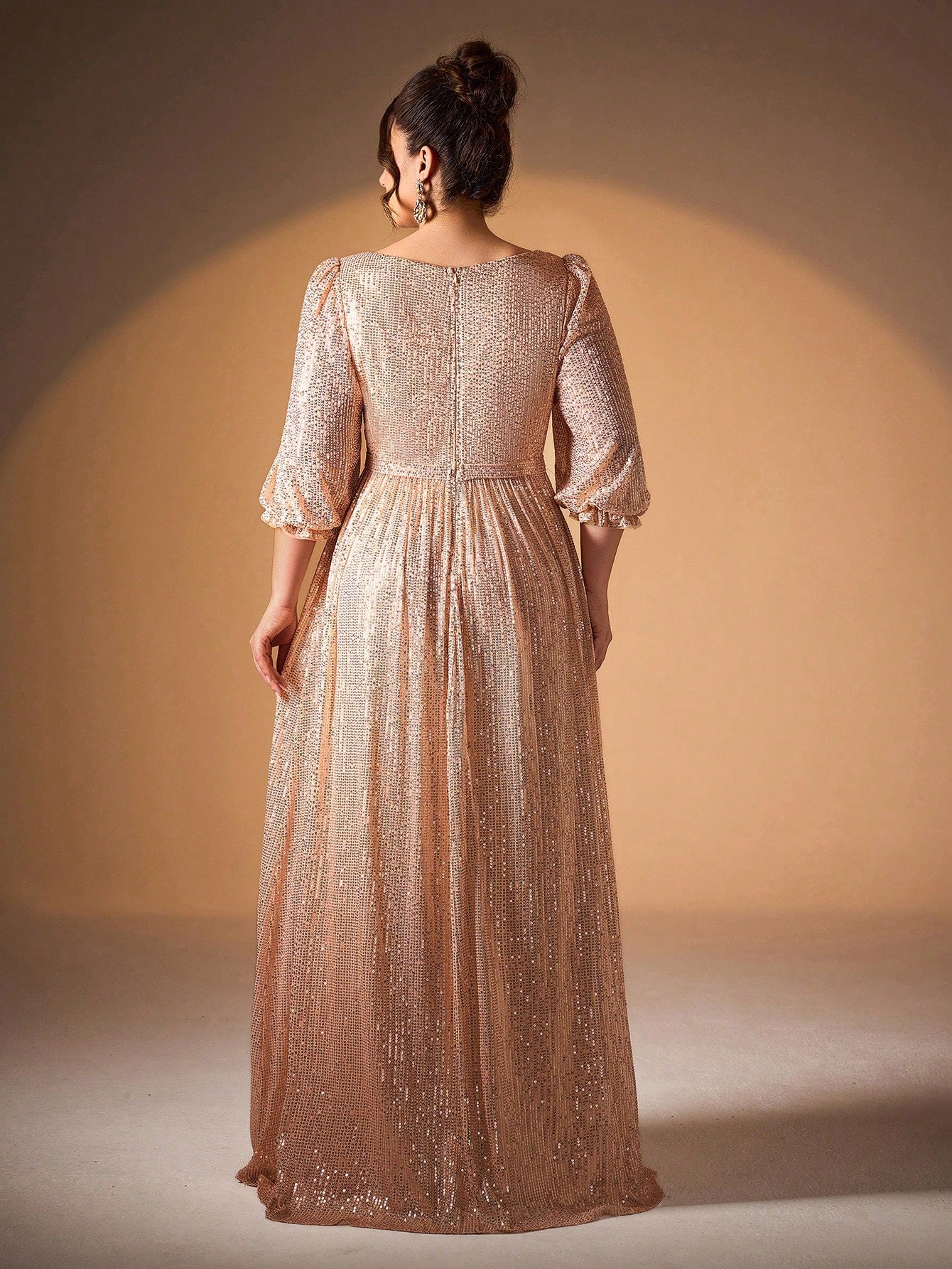 Plus Size Women Solid Color V-Neck Long Sleeve A-Line Pleated Dress With Sequins Formal Evening Gown
