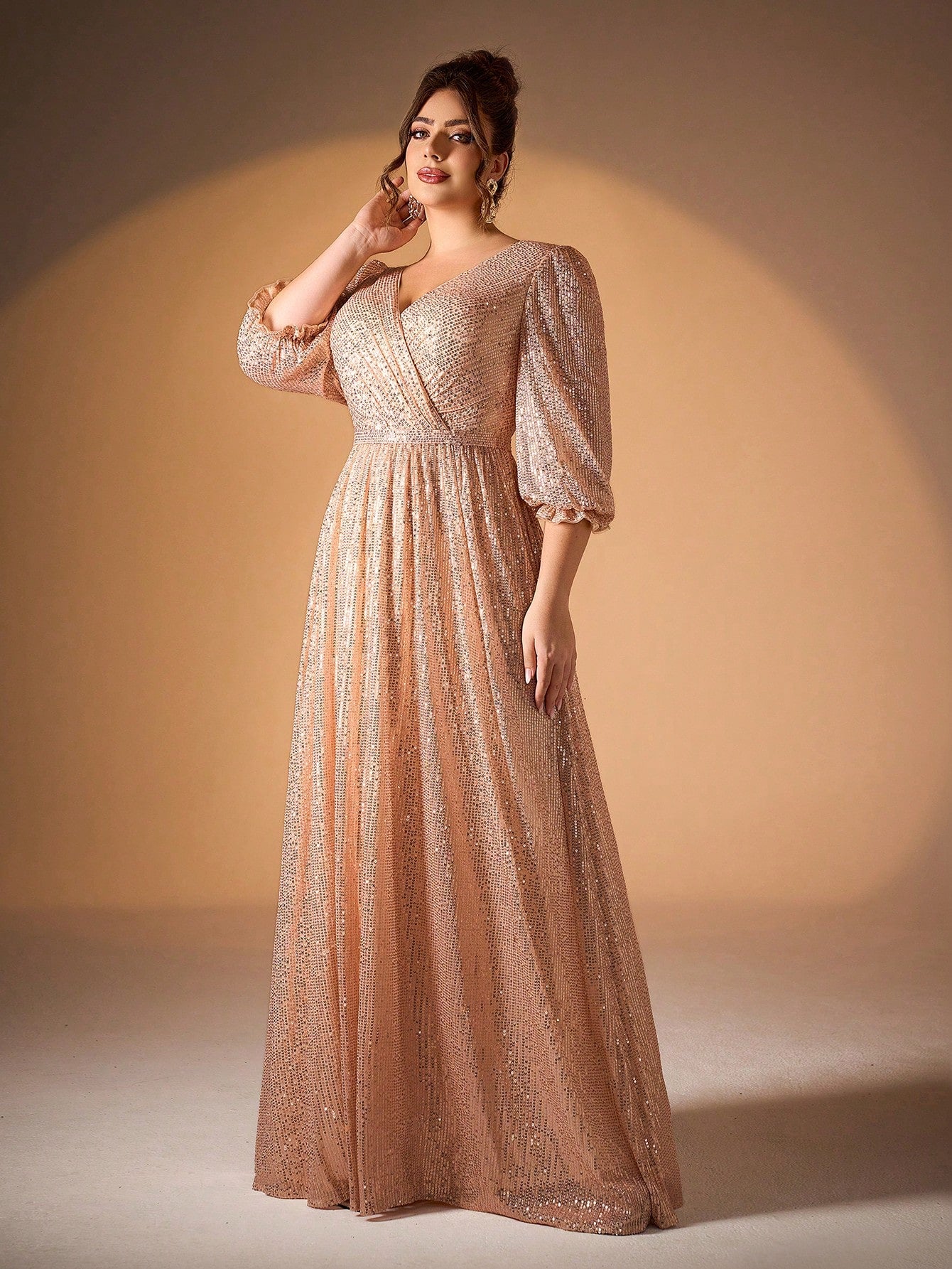 Plus Size Women Solid Color V-Neck Long Sleeve A-Line Pleated Dress With Sequins Formal Evening Gown