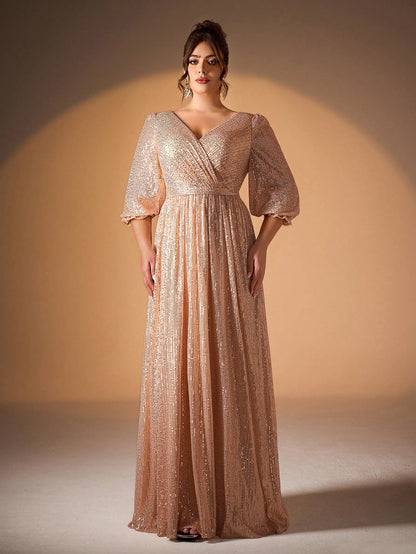 Plus Size Women's Solid Color V-Neck Long Sleeve A-Line Pleated Skirt With Sequins Formal Evening Gown Wedding