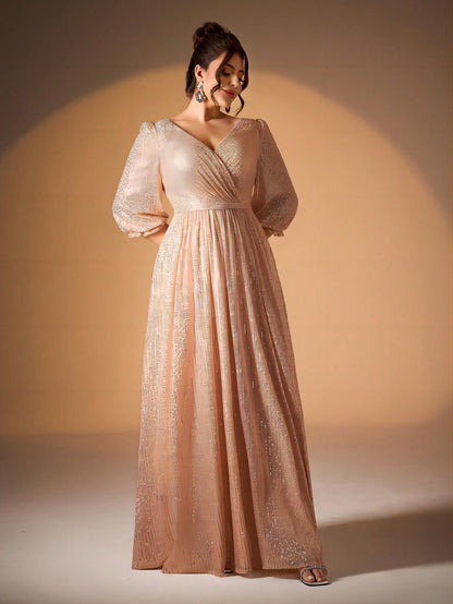 Plus Size Women's Solid Color V-Neck Long Sleeve A-Line Pleated Skirt With Sequins Formal Evening Gown Wedding