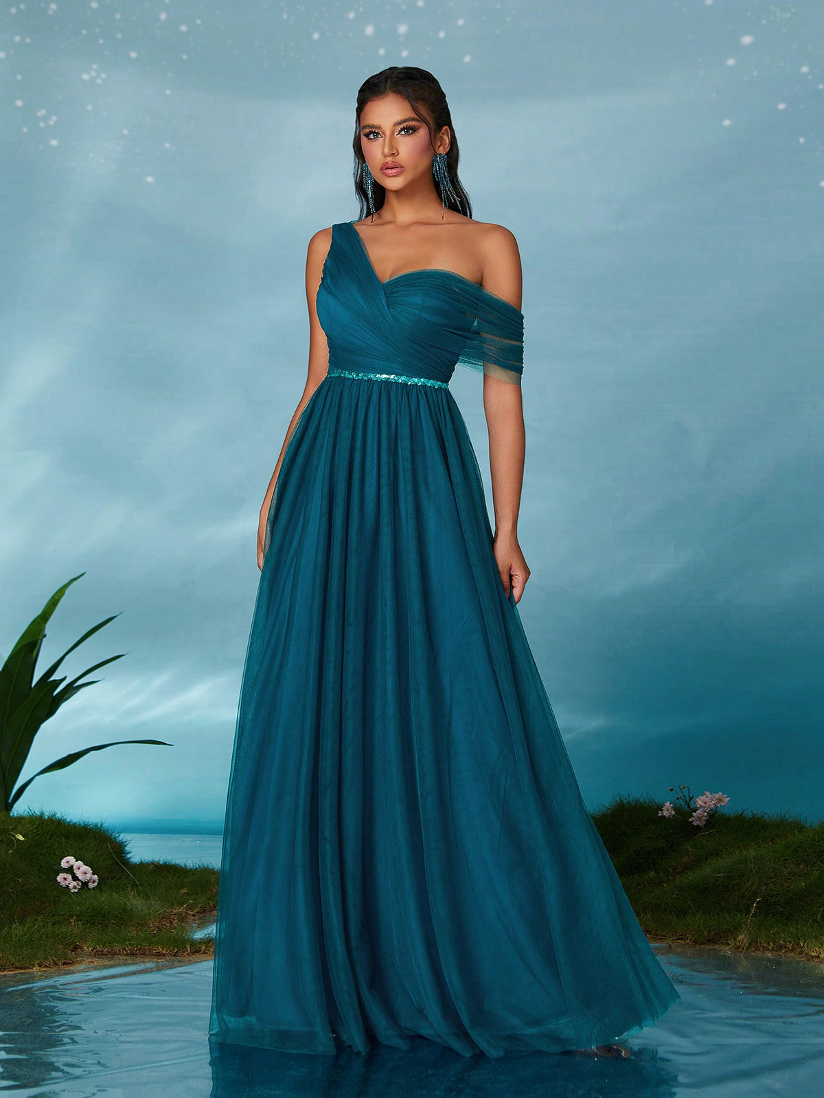 Open Shoulder Pleated Elegant Open Shoulder Asymmetrical Folded Sequin Waistband Mesh Dress, Bridesmaid Dress Wedding Spring