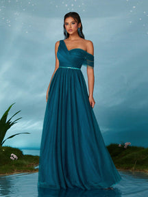 Open Shoulder Pleated Elegant Open Shoulder Asymmetrical Folded Sequin Waistband Mesh Dress, Bridesmaid Dress Wedding Spring