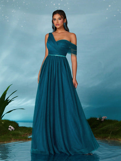 Open Shoulder Pleated Elegant Open Shoulder Asymmetrical Folded Sequin Waistband Mesh Dress, Bridesmaid Dress Wedding Spring
