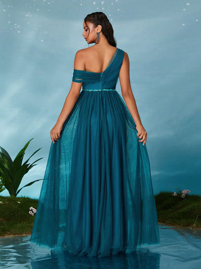 Open Shoulder Pleated Elegant Open Shoulder Asymmetrical Folded Sequin Waistband Mesh Dress, Bridesmaid Dress Wedding Spring