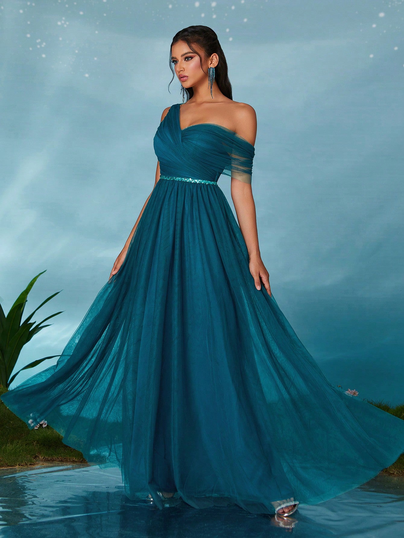 Open Shoulder Pleated Elegant Open Shoulder Asymmetrical Folded Sequin Waistband Mesh Dress, Bridesmaid Dress Wedding Spring