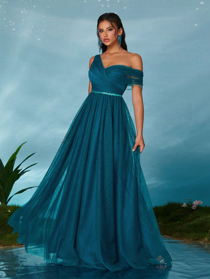 Open Shoulder Pleated Elegant Open Shoulder Asymmetrical Folded Sequin Waistband Mesh Dress, Bridesmaid Dress Wedding Spring