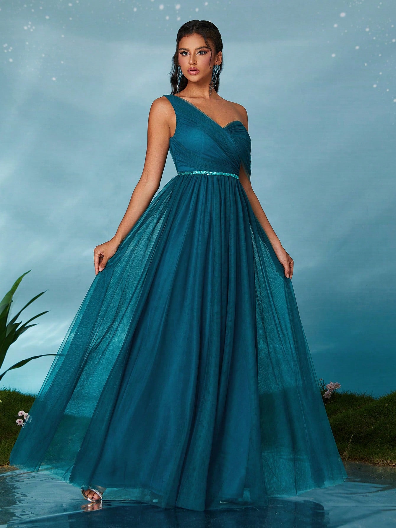 Open Shoulder Pleated Elegant Open Shoulder Asymmetrical Folded Sequin Waistband Mesh Dress, Bridesmaid Dress Wedding Spring