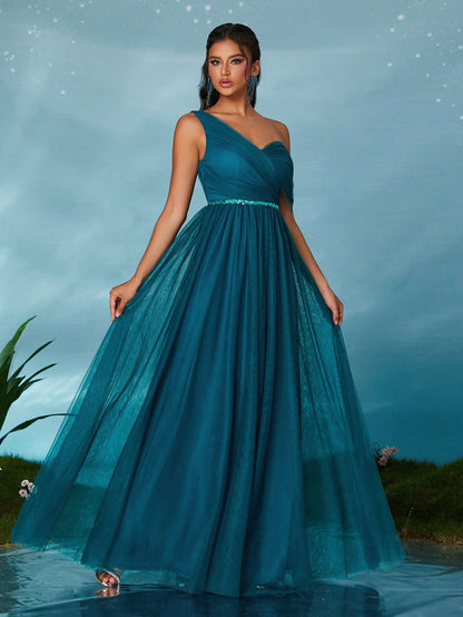 Open Shoulder Pleated Elegant Open Shoulder Asymmetrical Folded Sequin Waistband Mesh Dress, Bridesmaid Dress Wedding Spring