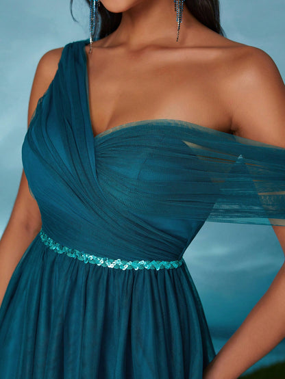 Open Shoulder Pleated Elegant Open Shoulder Asymmetrical Folded Sequin Waistband Mesh Dress, Bridesmaid Dress Wedding Spring