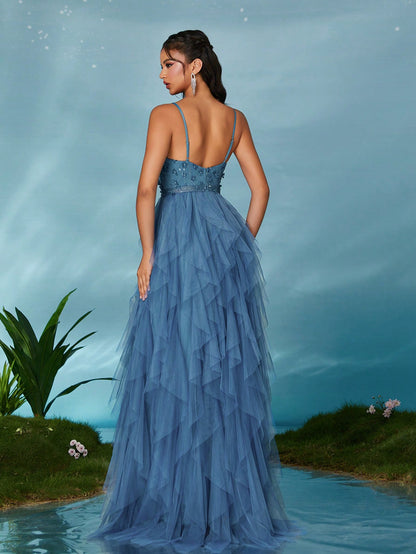 Elegant Summer Dusty Blue Tulle Maxi Gown,3D Floral Spaghetti Strap V-Neck Ruffle Slit Evening Prom Wedding Bridesmaid Cocktail Formal Party
