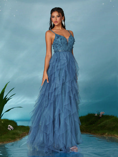 Elegant Summer Dusty Blue Tulle Maxi Gown,3D Floral Spaghetti Strap V-Neck Ruffle Slit Evening Prom Wedding Bridesmaid Cocktail Formal Party