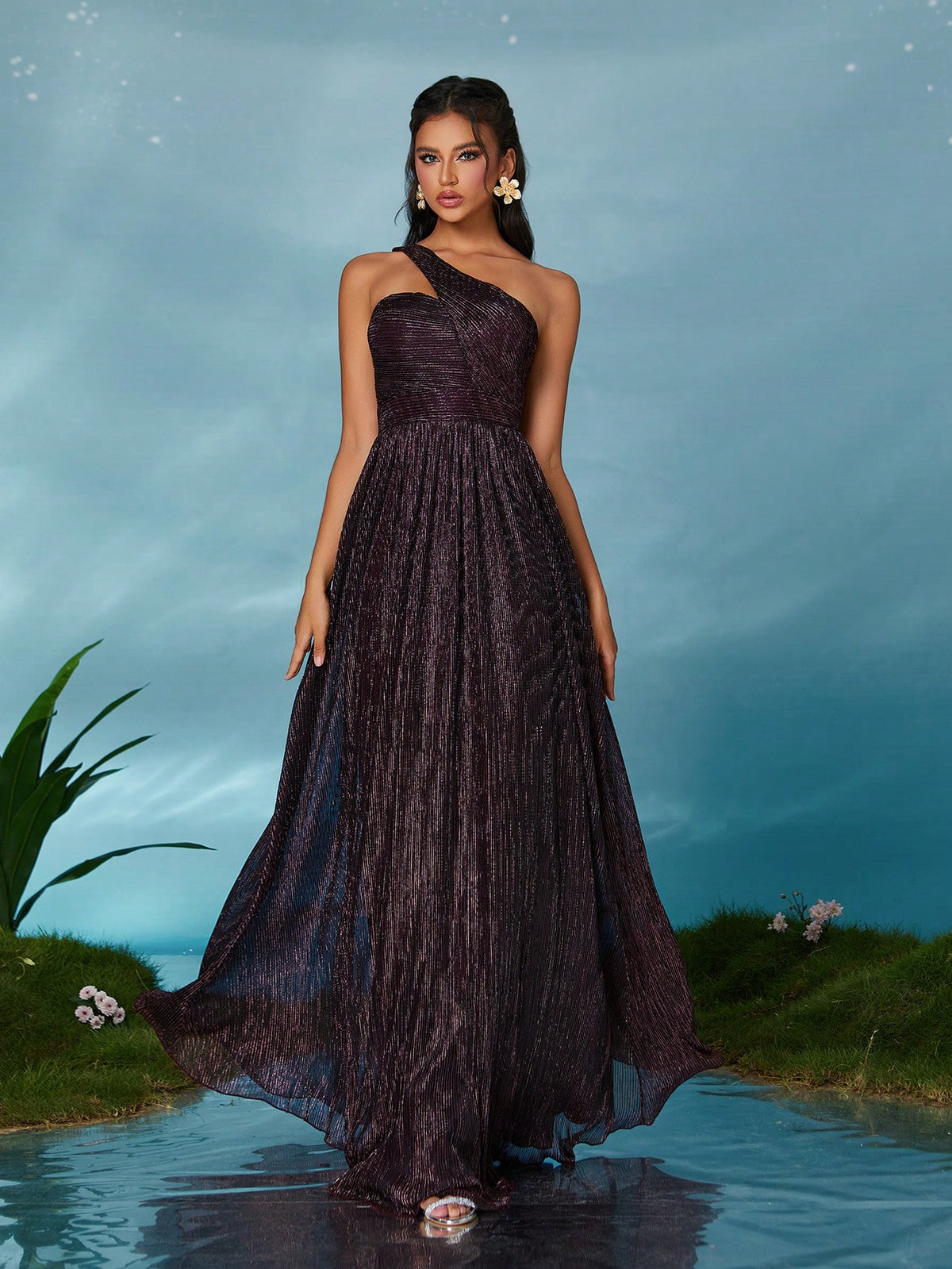 Sleeveless Metallic Yarn Maxi Dress With Flared Skirt