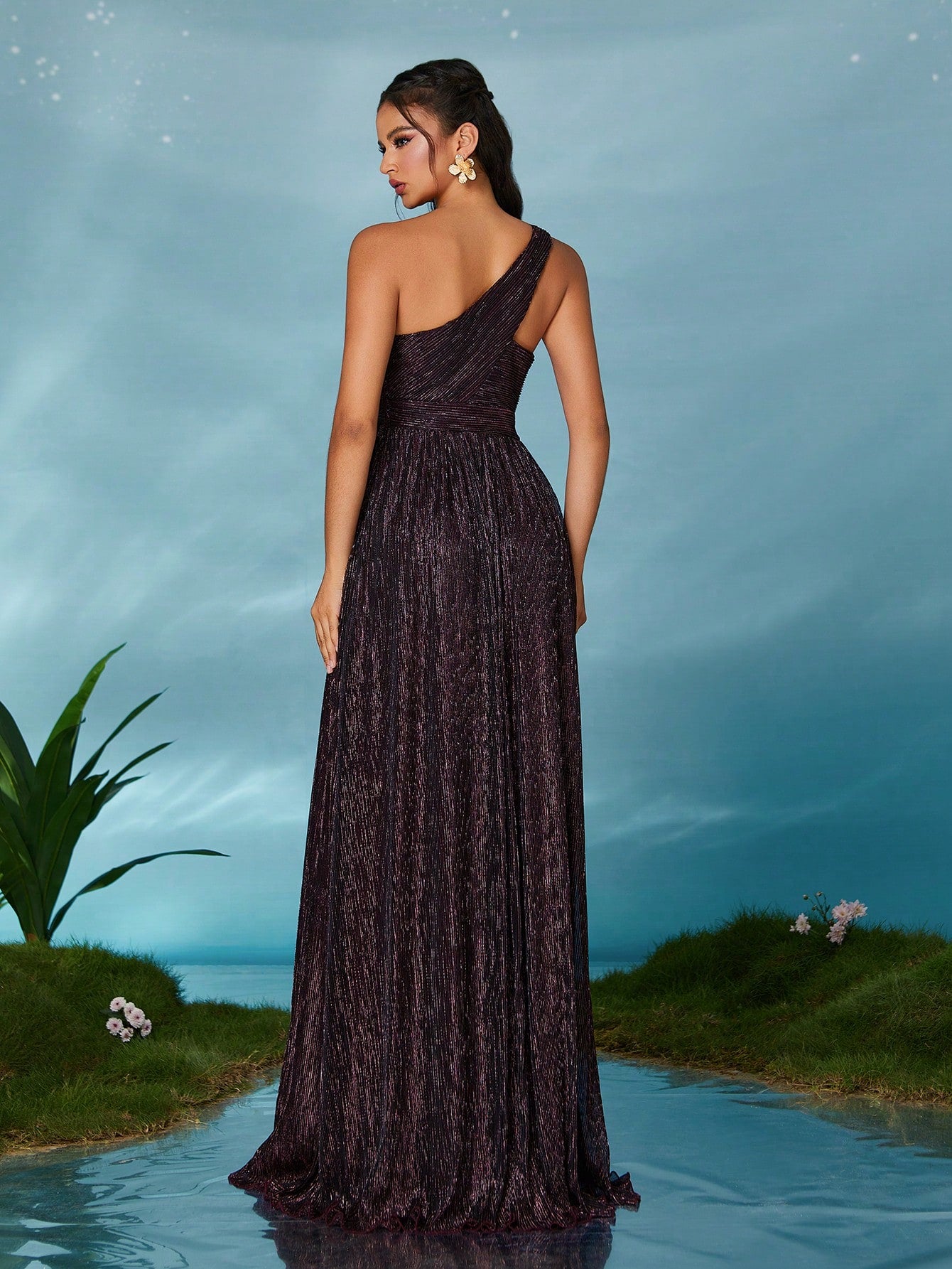 Sleeveless Metallic Yarn Maxi Dress With Flared Skirt