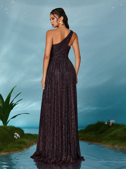 Sleeveless Metallic Yarn Maxi Dress With Flared Skirt