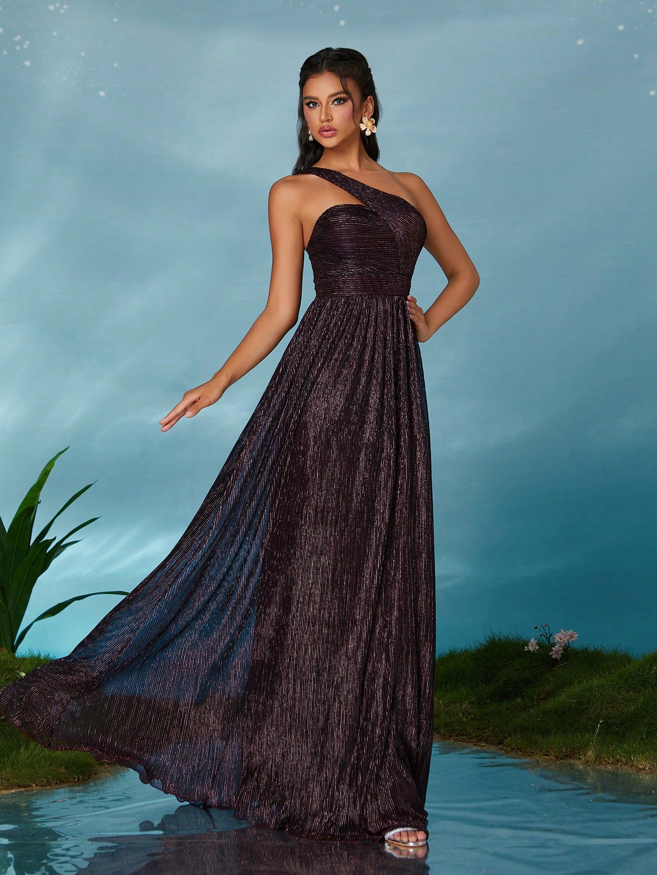 Sleeveless Metallic Yarn Maxi Dress With Flared Skirt