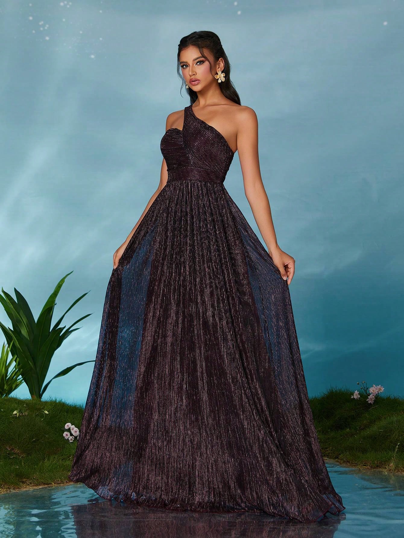Sleeveless Metallic Yarn Maxi Dress With Flared Skirt