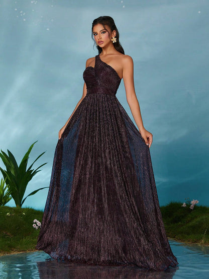 Sleeveless Metallic Yarn Maxi Dress With Flared Skirt