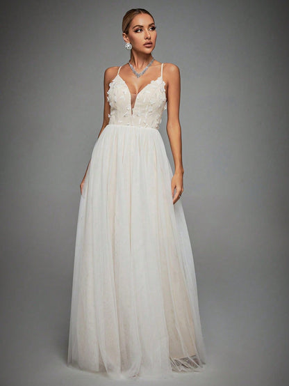 Floral Appliques Mesh Overlay Cami Wedding Dress Elegant Bridal Dress,Bride Spring