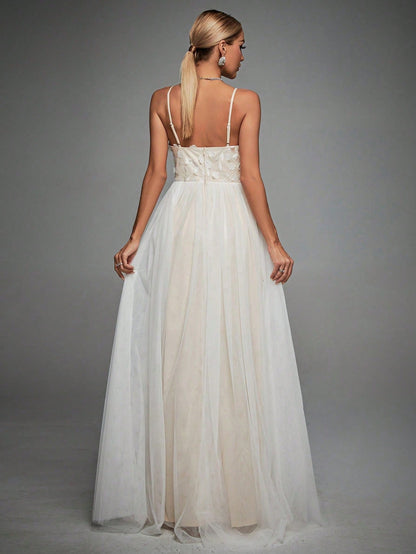 Floral Appliques Mesh Overlay Cami Wedding Dress Elegant Bridal Dress,Bride Spring