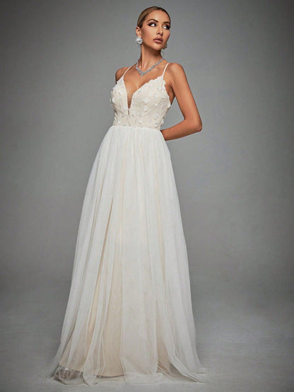 Floral Appliques Mesh Overlay Cami Wedding Dress Elegant Bridal Dress,Bride Spring