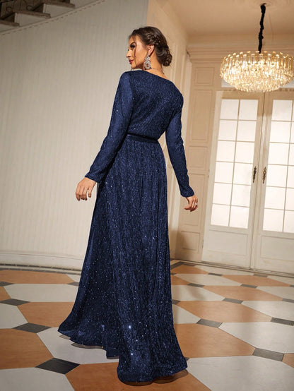 Glitter Surplice Plunging Belted Maxi Formal Dress, Prom Evening Gown, For Wedding Guest, Graduation, Dinner, Party Dress Spring
