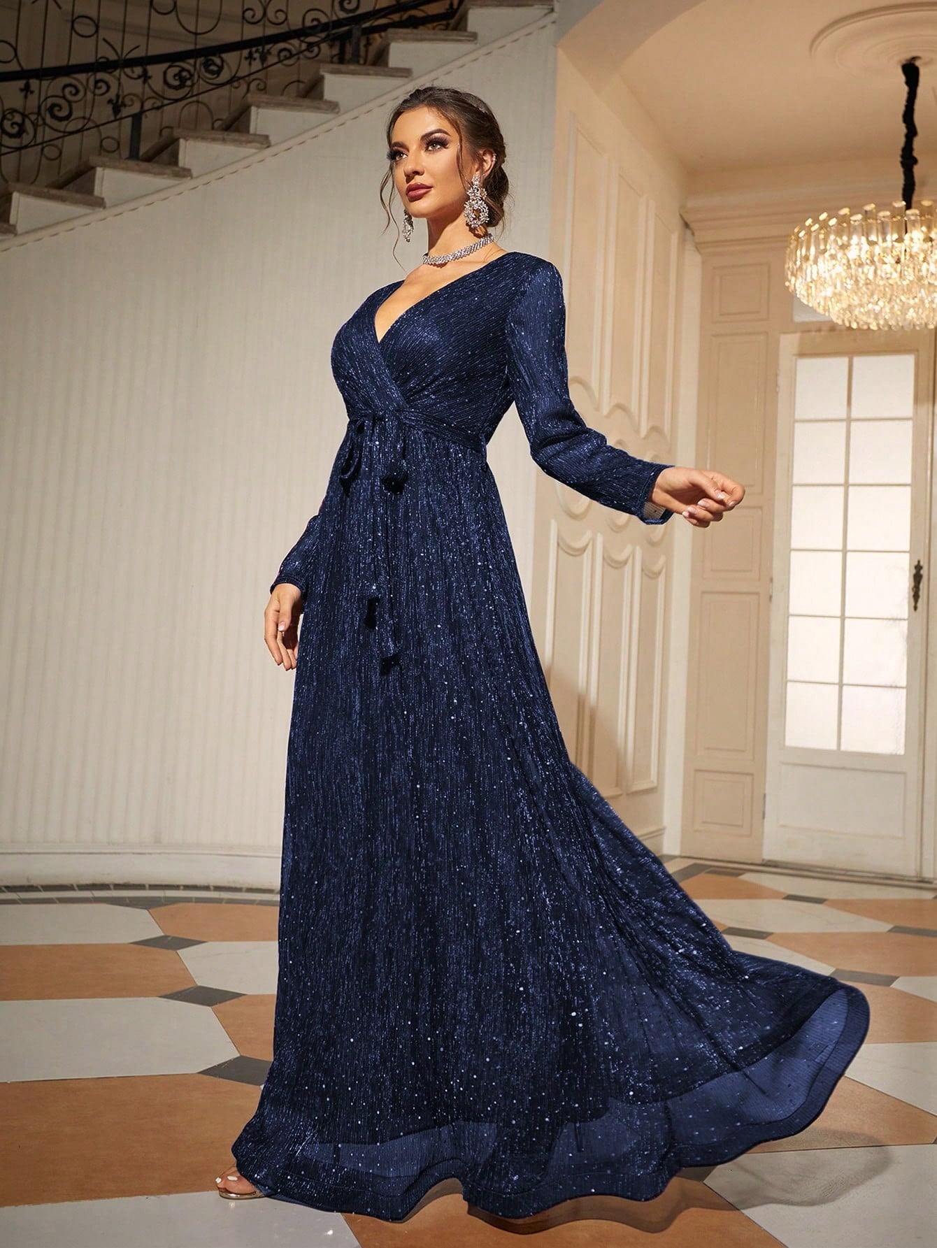 Glitter Surplice Plunging Belted Maxi Formal Dress, Prom Evening Gown, For Wedding Guest, Graduation, Dinner, Party Dress Spring