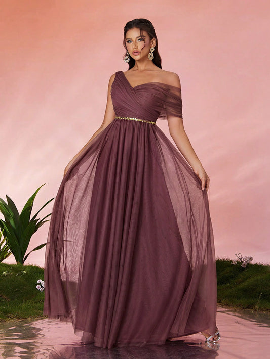 Open Shoulder Pleated Elegant Open Shoulder Asymmetrical Folded Sequin Waistband Mesh Dress, Bridesmaid Dress Wedding Spring