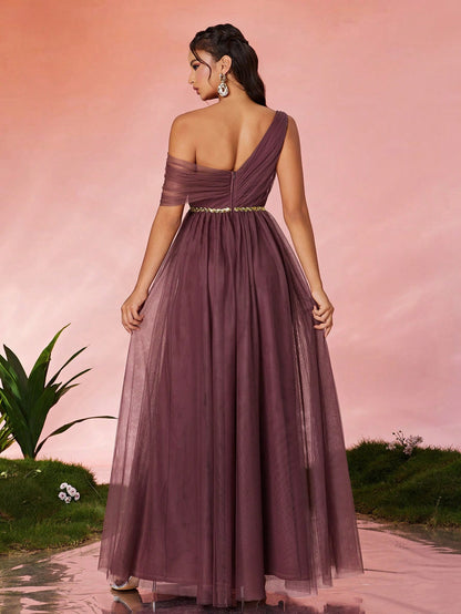 Open Shoulder Pleated Elegant Open Shoulder Asymmetrical Folded Sequin Waistband Mesh Dress, Bridesmaid Dress Wedding Spring