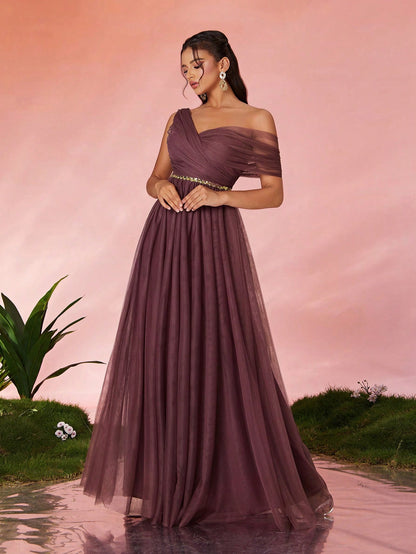 Open Shoulder Pleated Elegant Open Shoulder Asymmetrical Folded Sequin Waistband Mesh Dress, Bridesmaid Dress Wedding Spring