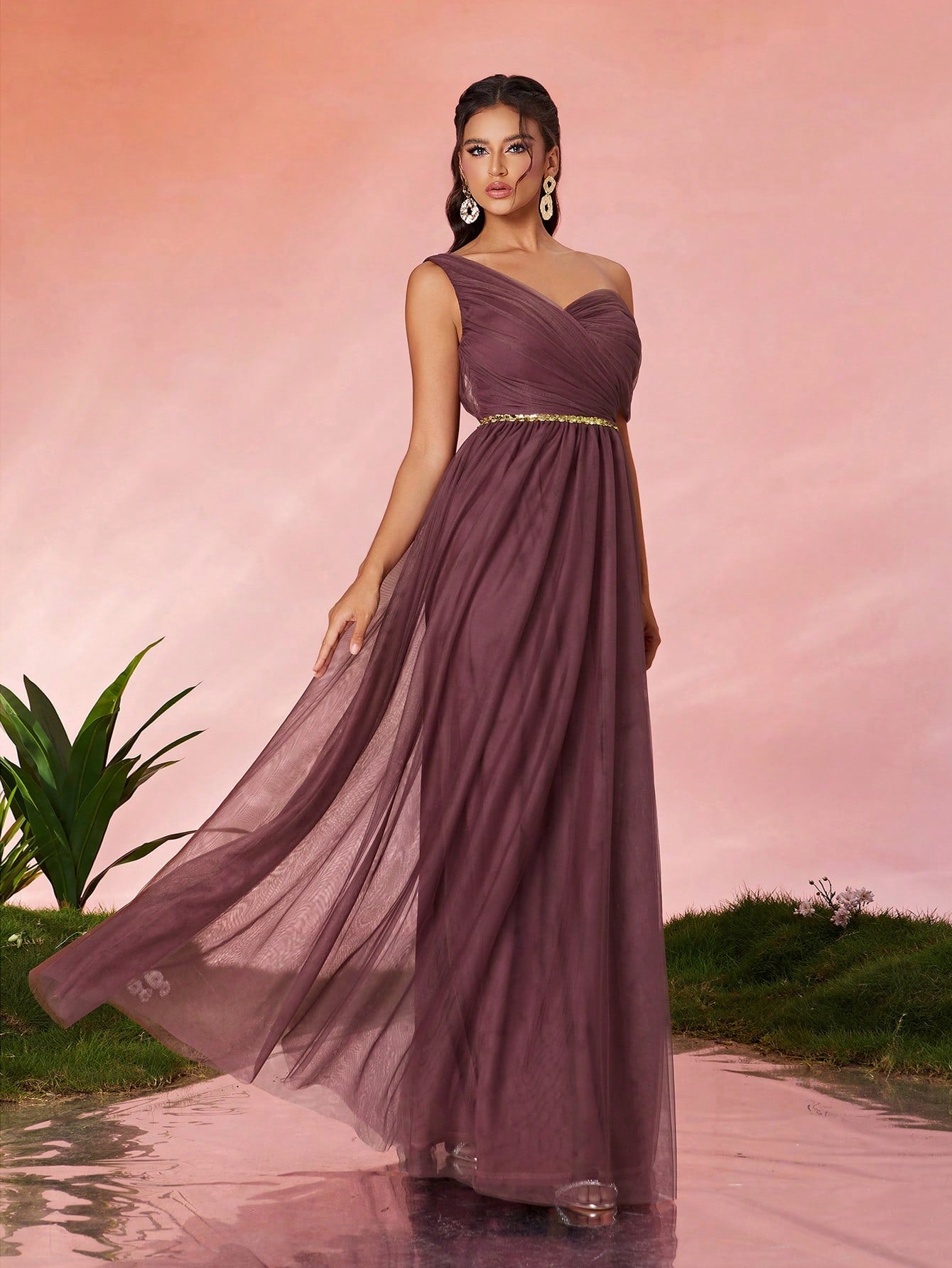 Open Shoulder Pleated Elegant Open Shoulder Asymmetrical Folded Sequin Waistband Mesh Dress, Bridesmaid Dress Wedding Spring