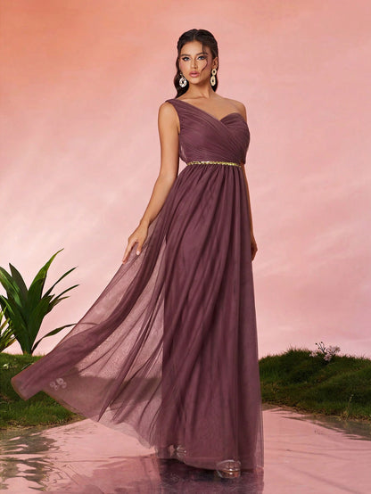 Open Shoulder Pleated Elegant Open Shoulder Asymmetrical Folded Sequin Waistband Mesh Dress, Bridesmaid Dress Wedding Spring