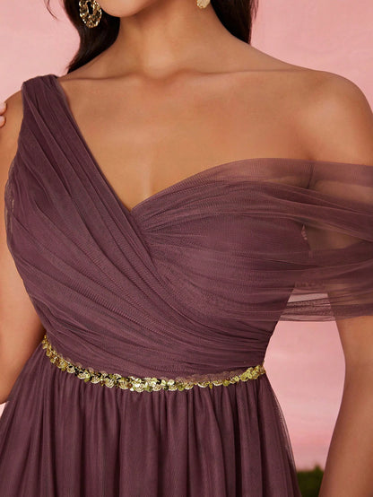 Open Shoulder Pleated Elegant Open Shoulder Asymmetrical Folded Sequin Waistband Mesh Dress, Bridesmaid Dress Wedding Spring