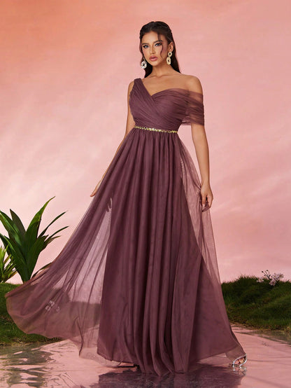 Open Shoulder Pleated Elegant Open Shoulder Asymmetrical Folded Sequin Waistband Mesh Dress, Bridesmaid Dress Wedding Spring