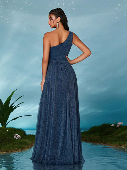 Asymmetrical Neck Draped Bust, Hollow Waist, High Slit A-Line Long Chiffon Dress, Bridesmaid Dress Wedding Spring